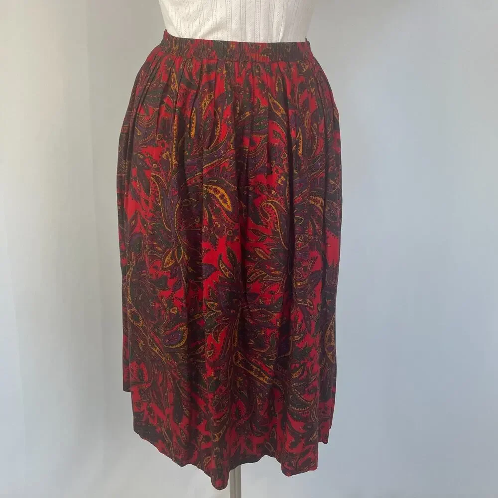 Vintage Midi Skirt Size 10 Red Paisley Pleated A Line Retro Preppy Academia 90s